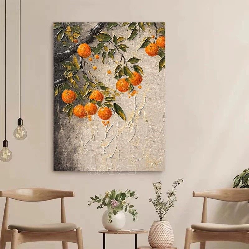 新中式手绘抽象油画桔桔如意客厅玄关肌理装饰画餐厅茶室立体挂画