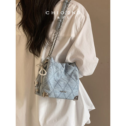 南风Chio2nd 蓝调芭蕾水桶包包女春夏牛仔蓝精致链条单肩斜挎小包
