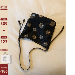 南风Chio2nd 星光梦境托特包黑色牛仔单肩包女闪片花朵复古斜挎包