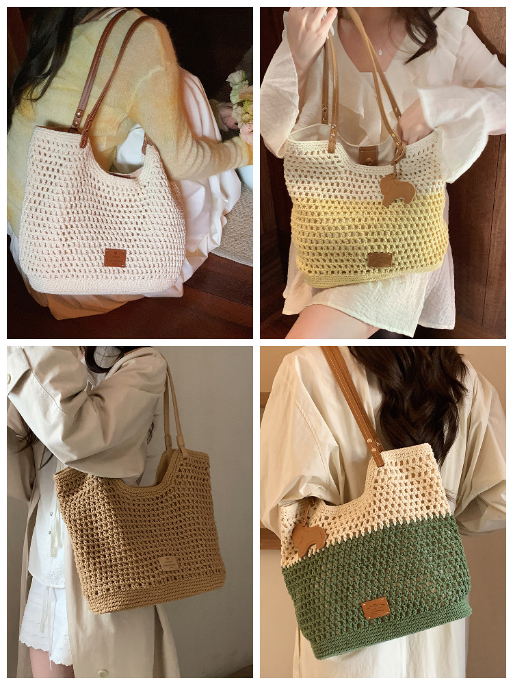 Crocheted woven tote bag worn by a model in multiple color variations