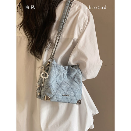 南风Chio2nd 蓝调芭蕾水桶包包女春夏牛仔蓝精致链条单肩斜挎小包