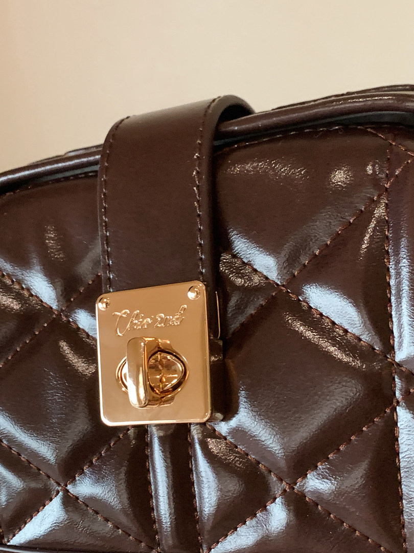 Brown quilted leather handbag with gold-tone clasp hardware