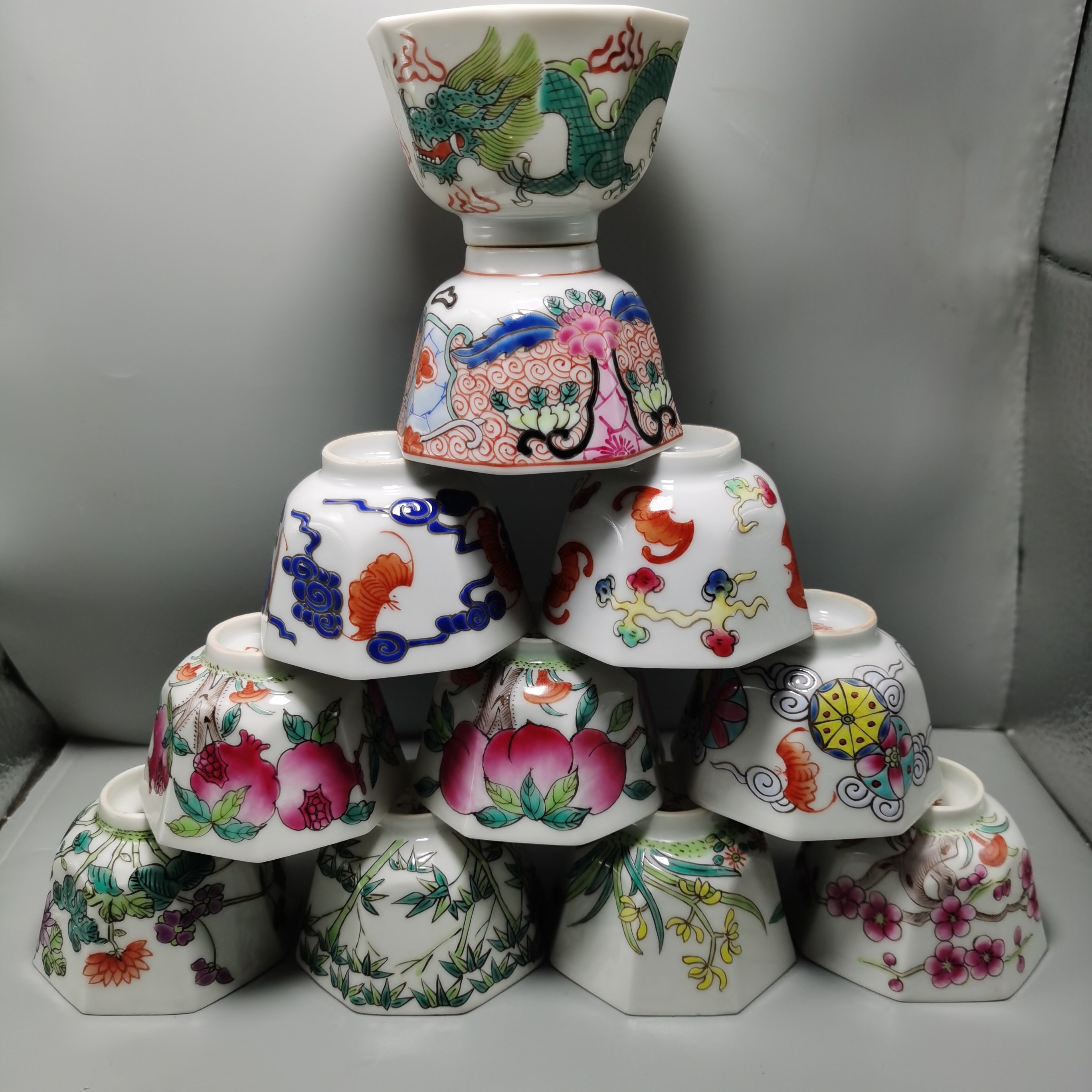 景德镇老库存厂货瓷器 手绘粉彩八角茶杯品茗杯功夫茶杯