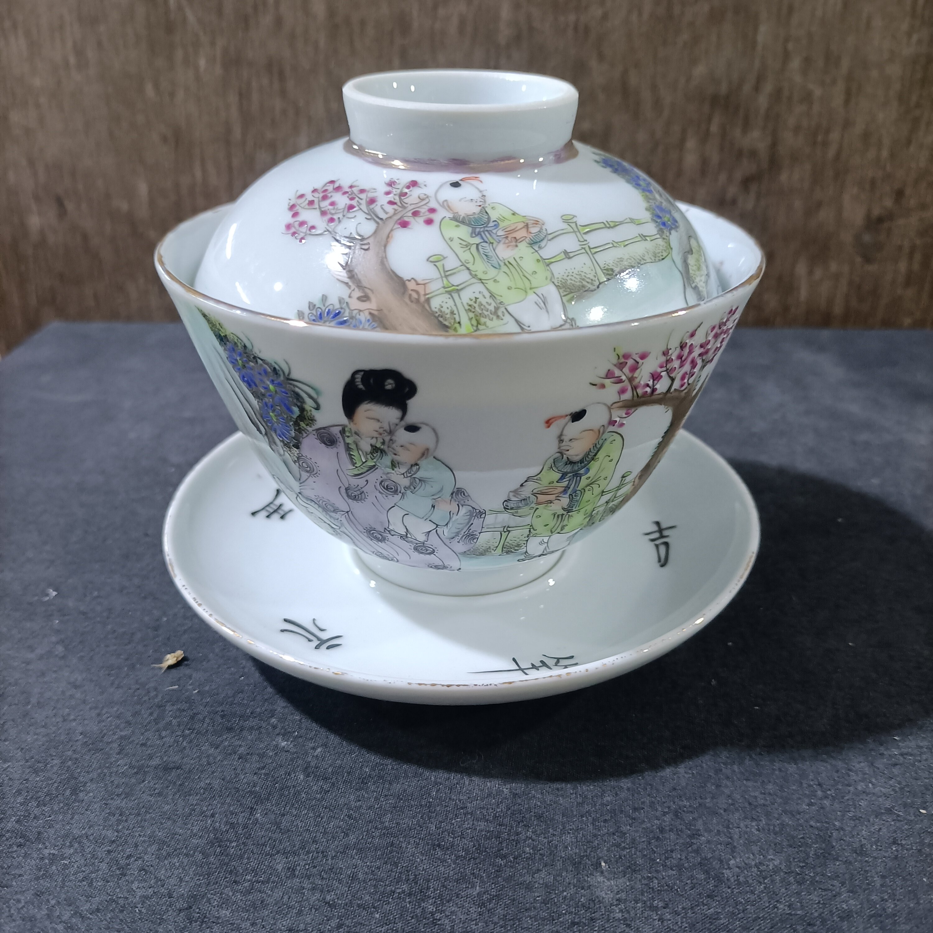 景德镇文革厂货老库存瓷器手绘粉彩美女人物盖碗茶具收藏老货