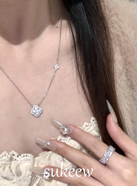 SUKEEW/酥可 S925银重工不掉色必入百搭款双花满钻四叶草项链女