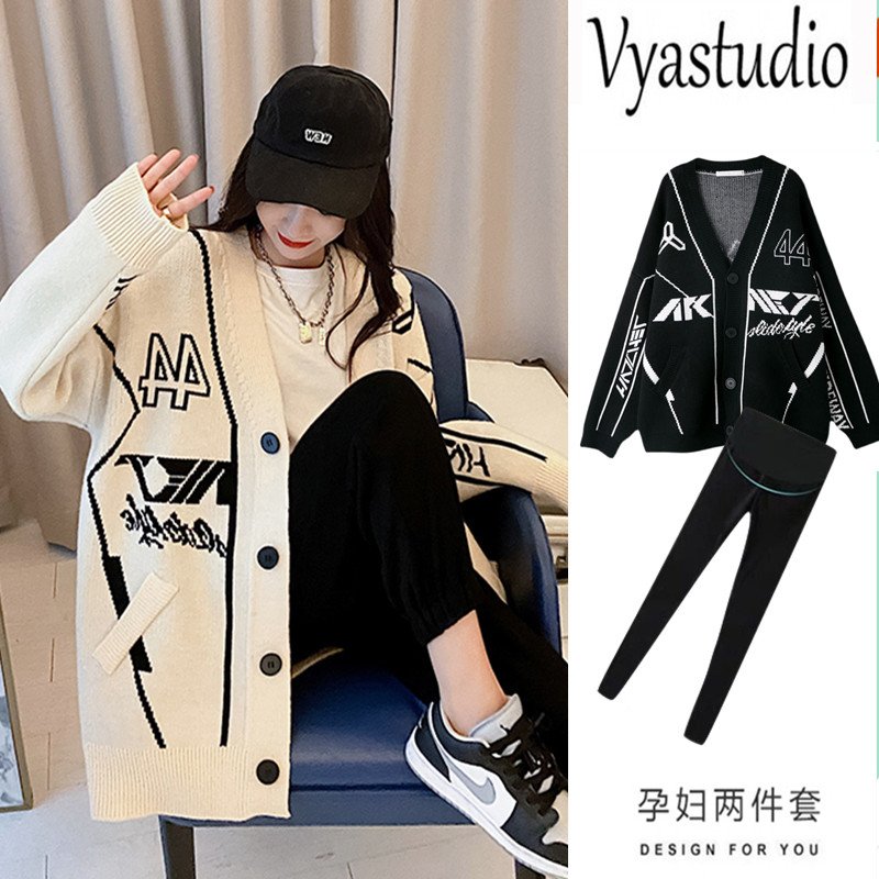 출산 정장 봄과 가을 새로운 한국 스타일 느슨한 중간 길이 게으른 스타일 스웨터 카디건 코트 니트 스웨터 투피스 세트