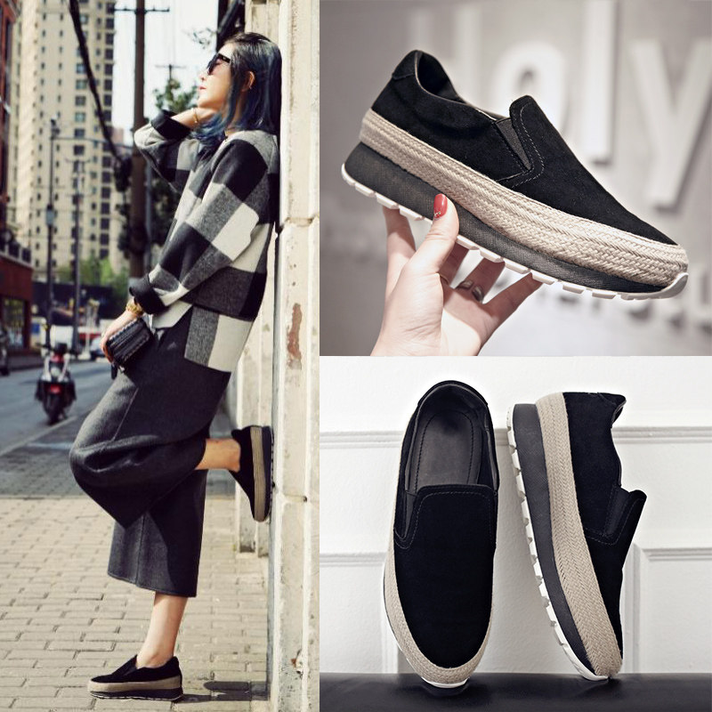 韩国东大门实拍真皮休闲潮款深口麻编松糕厚底平底圆头乐福单鞋女