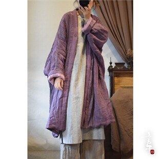 言午葵冬季亚麻不规则肌理皱随心所欲百搭复古文艺风夹棉风衣棉衣