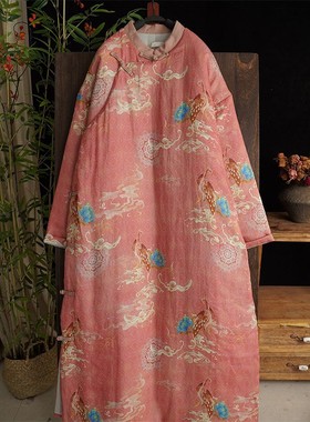 言午葵冬款 苎麻拼色凤凰图案复古禅意斜襟盘扣全侧卡长款棉袍