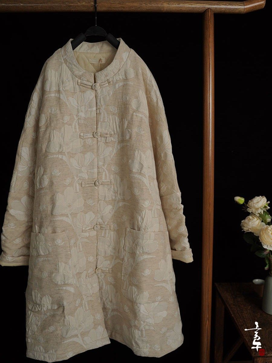 言午葵新中式国风棉麻提花复古手工盘扣中长款外套绗绵棉服,女装/女士精品,棉衣/棉服,淘宝优惠券,粉丝福利购,淘宝优惠卷
