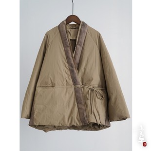 言午葵原创国风斜襟拼色V领羽绒服文艺中式亚麻拼接鸭绒系带外套