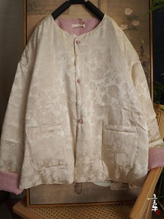 言午葵冬季新款丝麻提花复古盘扣宽松拼接棉衣棉袄外套322