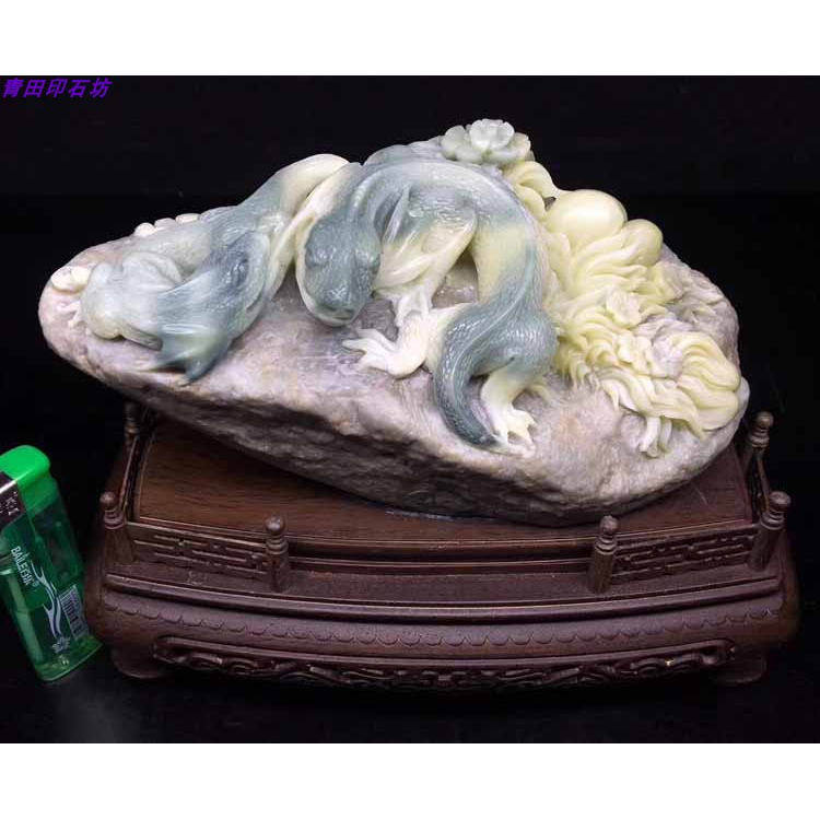 四川绿冻芙蓉原石蓝星LW11手工精品老青田封门皮蛋绿螭虎石雕摆件