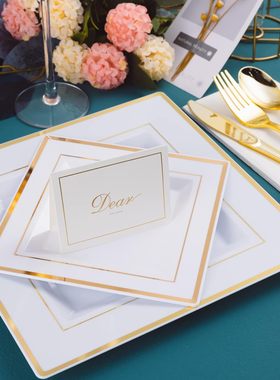 175件套装金边方盘刀叉勺酒杯一次性餐具PS硬塑料黑色盘无尘纸巾