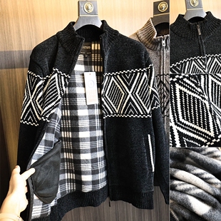开衫 秋冬复合绒保暖抗风立领针织衫 男 進口雪尼尔面料 复古提花