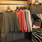 新型德绒面料 秋冬男士 条纹经典 出口订单 磨毛亲肤圆领长袖 T恤