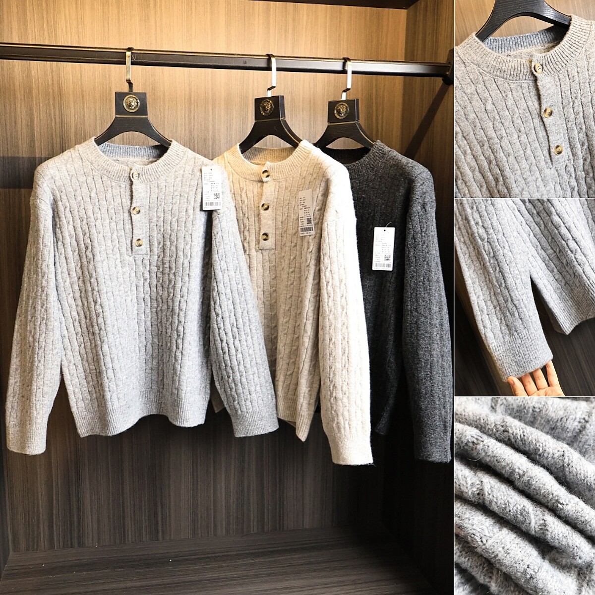 客供绵羊毛混纺！秋冬男士美式复古麻花针织衫时尚亨利领保暖毛衣