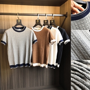 高端肌理感!撞色拼接!春秋男士商务通勤轻奢圆领针织衫打底短袖