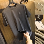 重磅纯棉 纯色刺绣时尚 复古双针织 美式 夏季 男士 圆领宽松短袖 潮