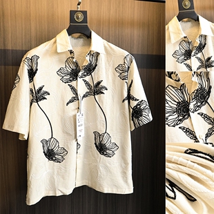 夏季 花卉刺绣 男士 夏威夷宽松翻领短袖 欧美单 衬衫 舒适松弛感
