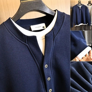 长袖 设计师线 复合加绒保暖时尚 秋冬男士 保暖卫衣潮 腔调假两件