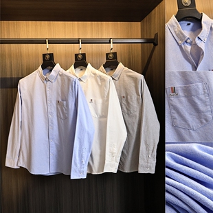 衬衫 100%全棉水洗牛津纺 纯色百搭刺绣翻领商务休闲长袖 男士 秋季