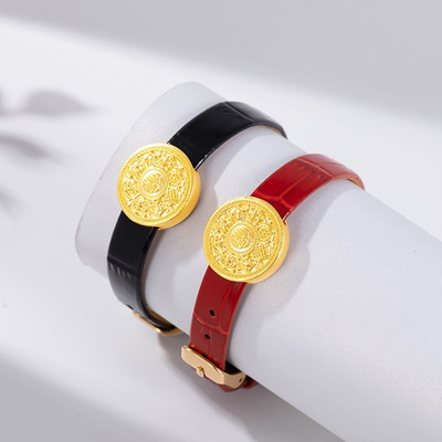 新款流行八宝罗盘真皮带手链绳表带手绳可穿黄金珠皮带绳红皮手绳