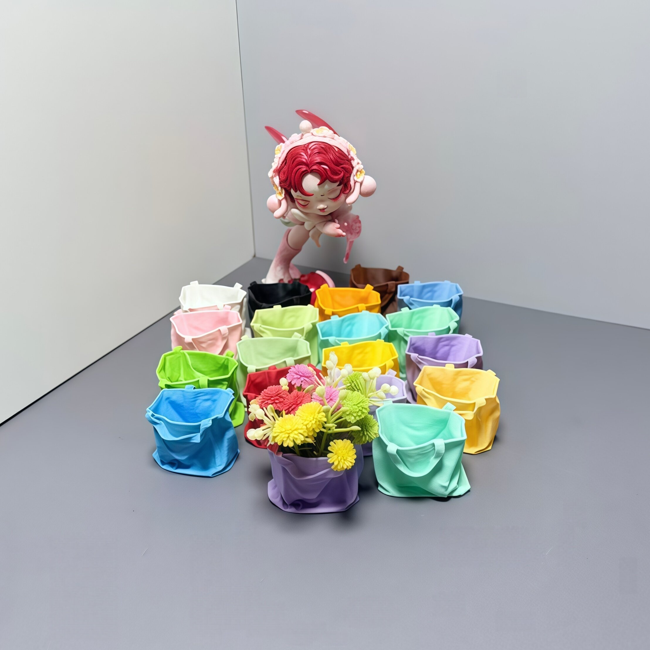 娃屋装饰配件 仿真纸袋花篮可插花 微缩场景DIY装饰品桌面小摆件