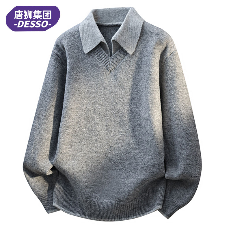 唐狮集团DESSO假两件翻领毛衣男士冬季潮流复古针织衫慵懒风外套