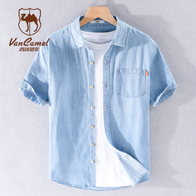 VANCAMEL西域骆驼牛仔短袖衬衫男士夏季薄款日系复古宽松休闲外套
