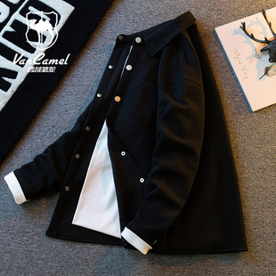 休闲潮流宽松长袖 西域骆驼春秋季 美式 男士 外套 日系青少年纹理衬衫