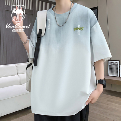 VANCAMEL西域骆驼刺绣短袖男夏季薄款潮流渐变色上衣凉感休闲T恤