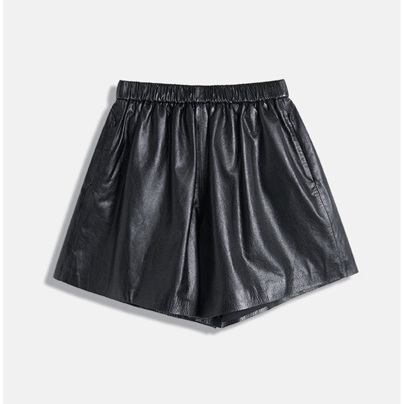 真皮皮裤 植鞣绵羊皮松紧腰显瘦春季百搭休闲大裤腿靴裤短裤,女装/女士精品,皮裤,淘宝优惠券,粉丝福利购,淘宝优惠卷