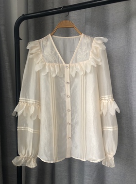 欧洲站2023春季新款气质V领轻透天丝长袖女士衬衫