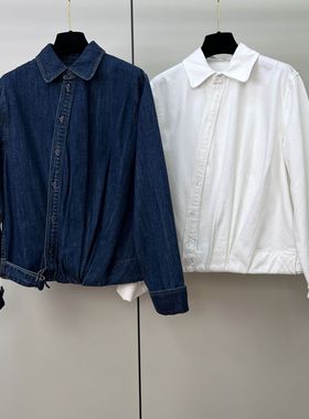 斜门襟斜扣设计感翻领水洗两色牛仔衬衫外套女装长袖休闲衬衣上衣