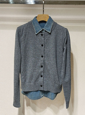 2025冬女装M摩家翻领牛仔拼接针织开衫假两件上衣