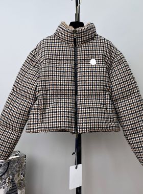 欧 格子拼接羊毛立领短款羽绒服南油高端女装90白鸭绒粗花呢夹绒