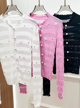 2025夏季新韩式透气圆领层次感亲肤显瘦纯欲短袖钉珠针织衫上衣