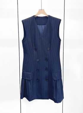 S 2025秋季新款女装 深蓝色条纹亮片无袖连衣裙短裙21