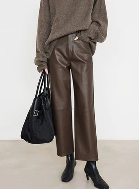 真皮皮裤轻奢羊皮美拉德春秋新款休闲长裤高腰显瘦法棍直筒