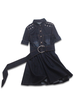 欧洲站2019夏季新款时尚中裙女翻领气质修身显瘦短袖牛仔连衣裙