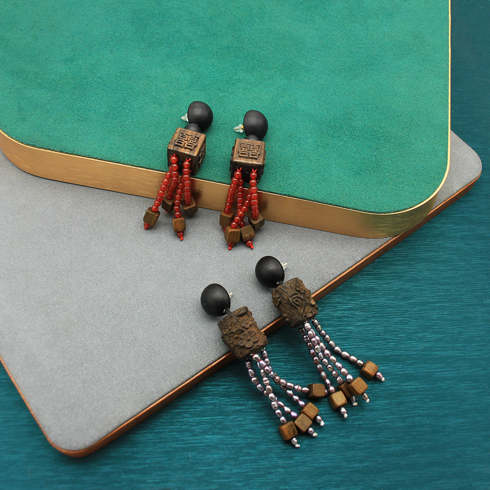 耳环女木质珠子长款气质耳饰