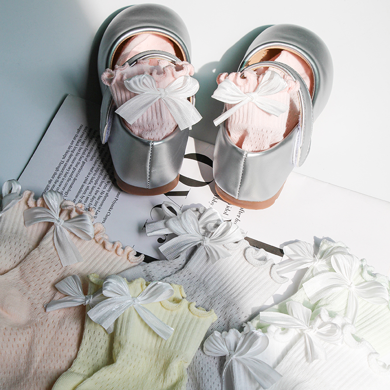 女童袜子夏季薄款网眼中筒袜儿童洛丽塔蝴蝶结韩系公主木耳边棉袜