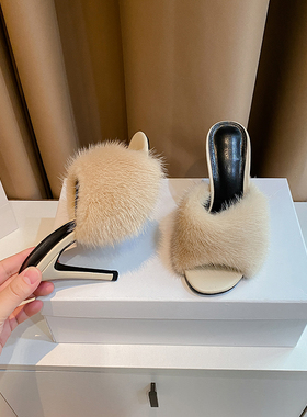 超高跟水貂毛凉鞋欧美细跟凉拖鞋性感成熟女性粉色系超好看女鞋