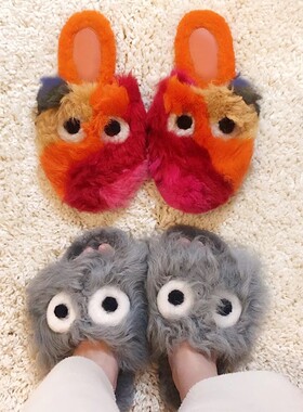 大眼怪毛毛拖鞋真皮皮毛一体进口皮毛女鞋外穿懒人拖鞋一字拖