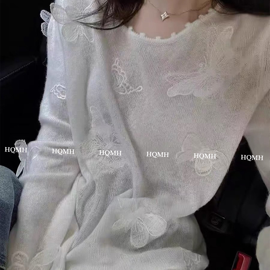 LILI杭州濮院miu系温柔气质百搭超薄性感立体蕾丝蝴蝶毛衣上衣女
