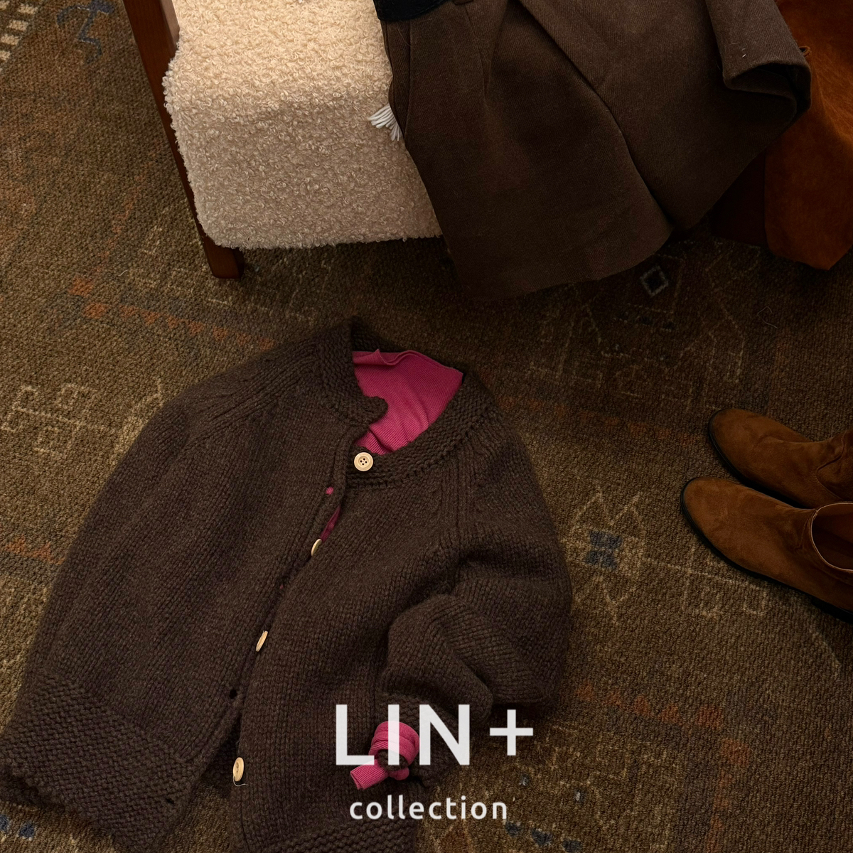 LILI杭州濮院可可棕加厚纯色气质插肩精致保暖100%羊毛开衫上衣女