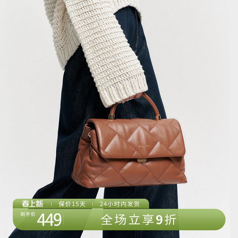 万里马羊皮泡芙包女菱格小香风手提包软皮真皮单肩包小众白色链条