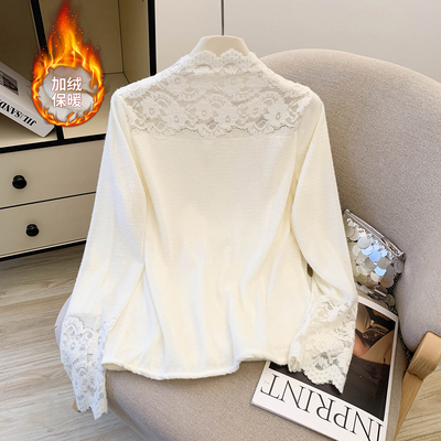 2025秋冬新款女法式白色叠穿内搭加绒加厚高领蕾丝衫上衣打底衫