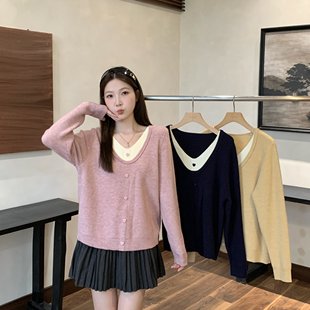 韩系爱心扣毛衣 温柔风软糯假两件针织衫 20252025秋冬新款 胖mm大码